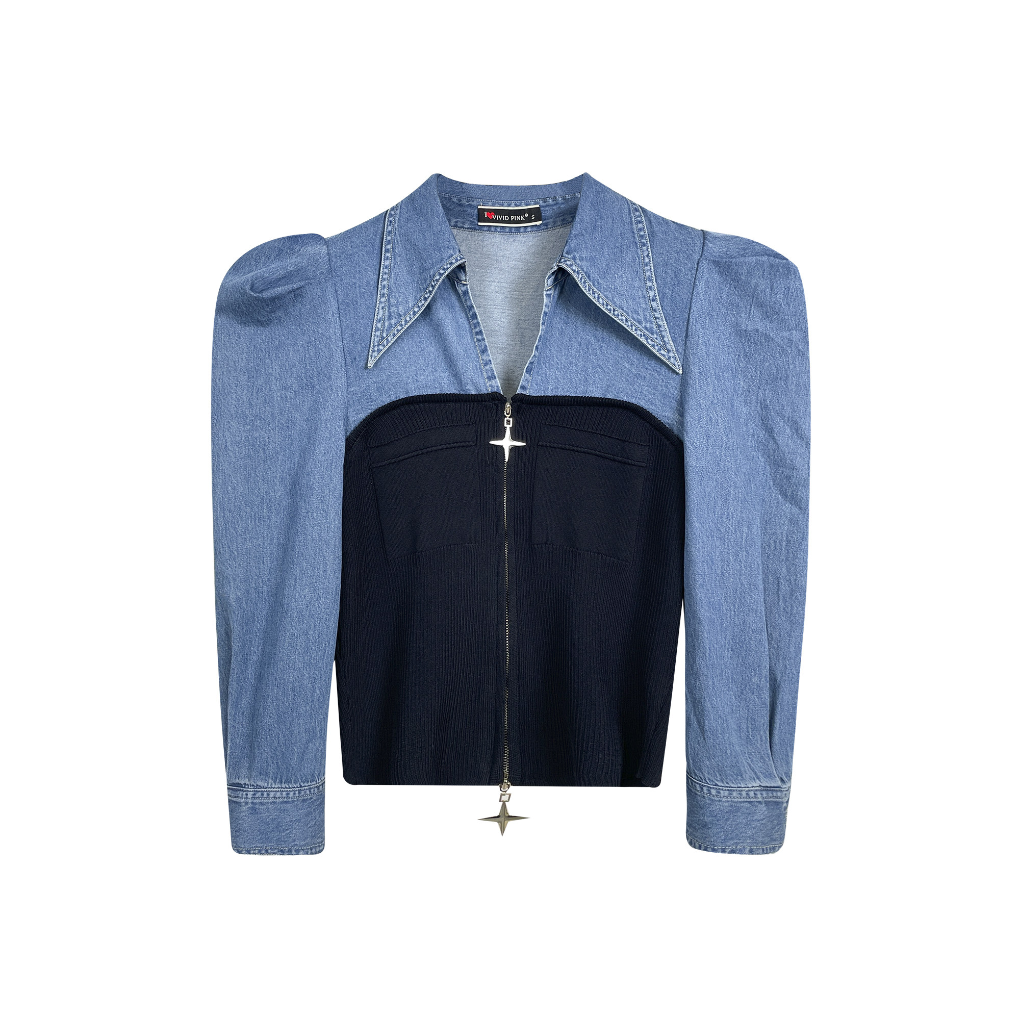 【昕怡粉丝专享】「vivid pink」拼接牛仔衬衣上衣81005