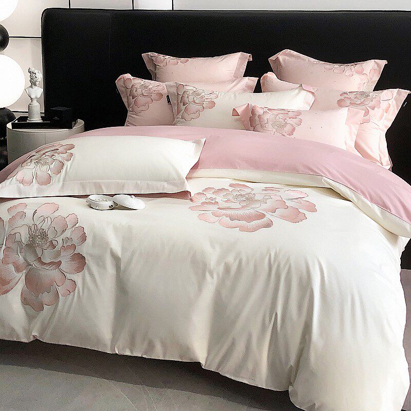 轻奢高档床上四件套纯棉全棉刺绣纯色简约被套床单床笠款四季通用床品
