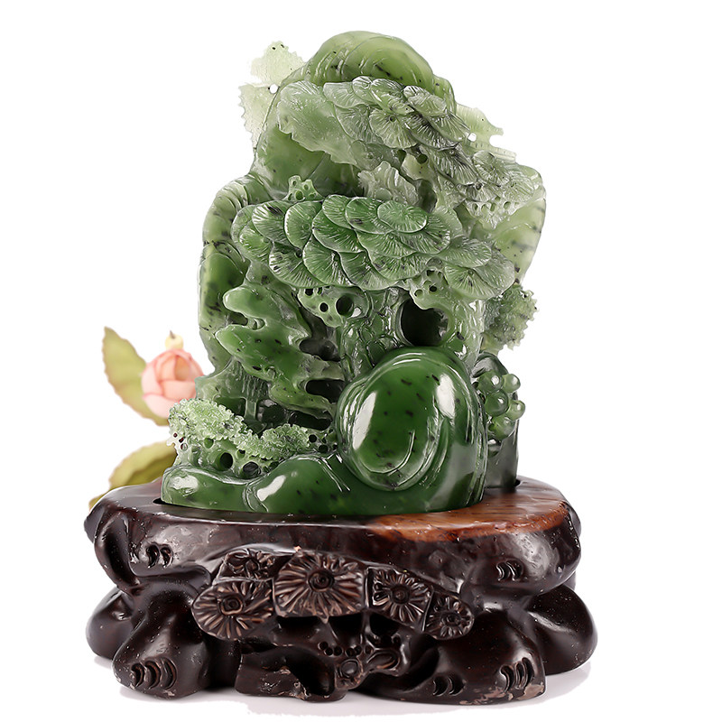 省级玉石雕刻大师文军作品 和田玉碧玉松下老人摆件451.60克