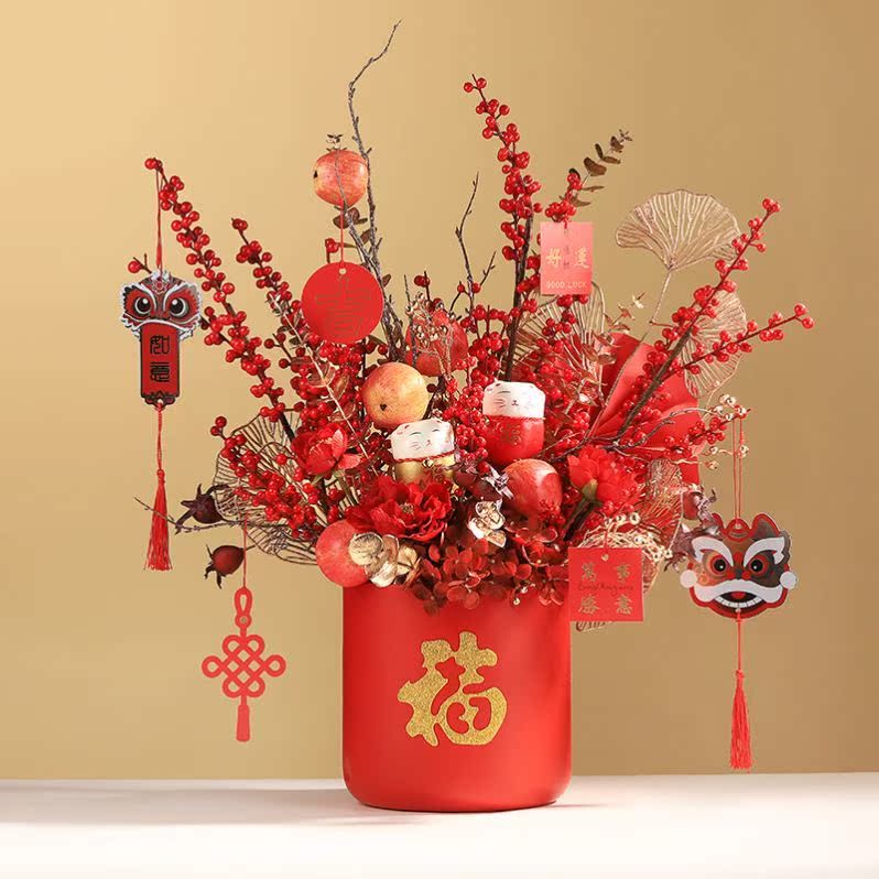 银柳福桶年宵花新年发财果插花花桶春节招财装饰过年摆件抱抱桶