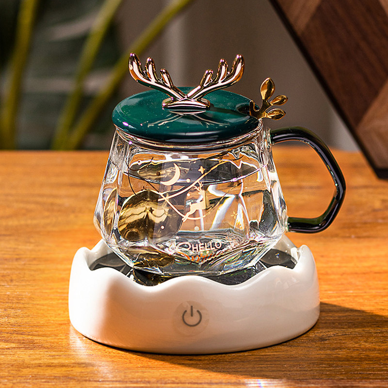 高颜值55度恒温杯子带盖带勺子ins水杯女生高级感轻奢玻璃杯家用