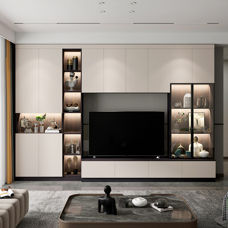 轻奢客厅电视柜一体组合墙柜背景墙电视机柜现代简约书柜实木定制