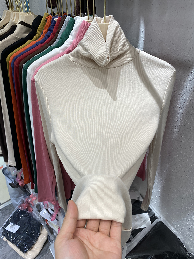 堆堆高领加绒长袖T恤女2023冬季新款时髦修身弹力洋气保暖打底衫