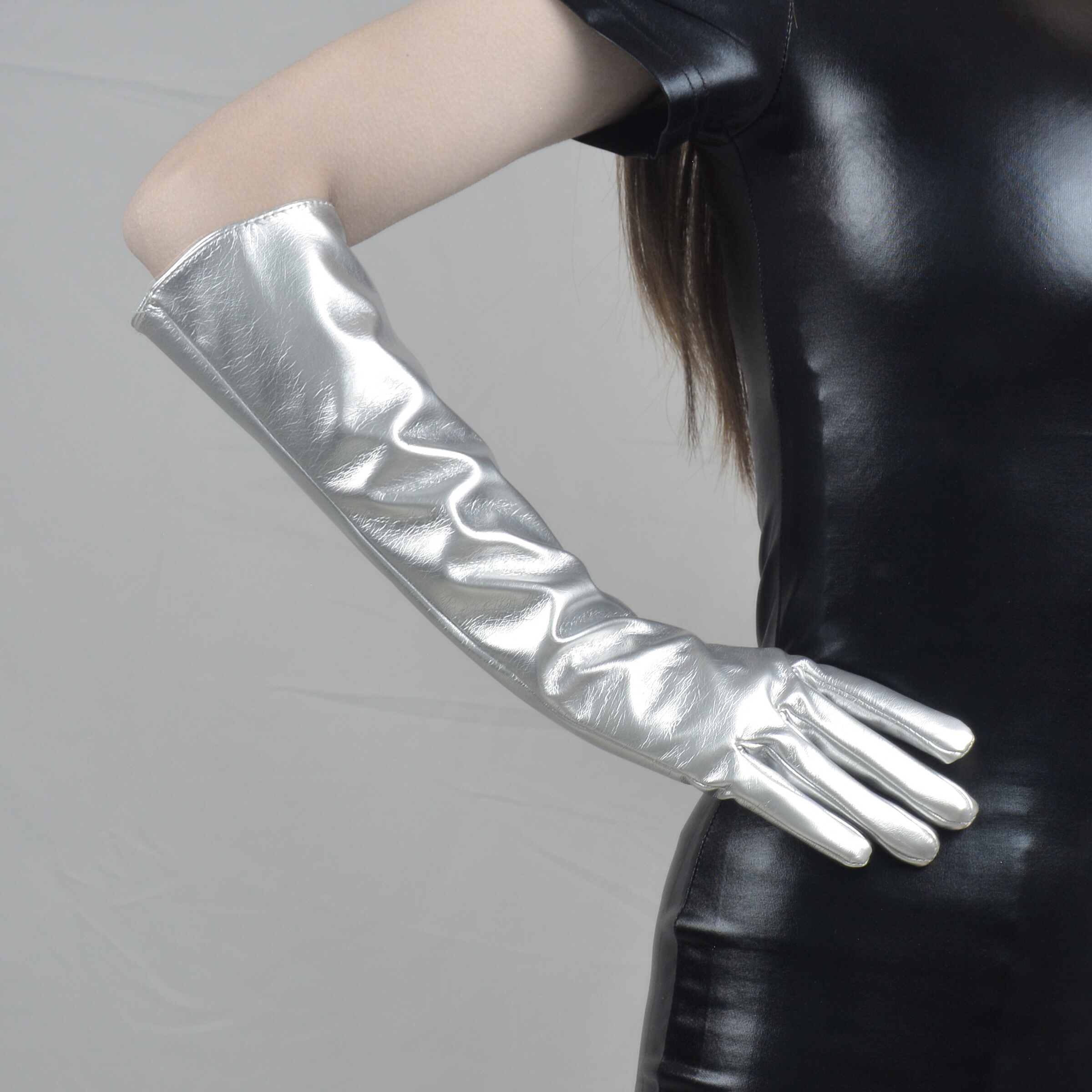 包邮 漆皮手套 长款pu仿真皮保暖贴手亮皮镜面银色40cm