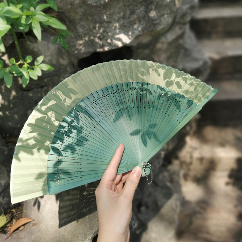 古风折扇夏季旗袍汉服折叠扇绿色小竹