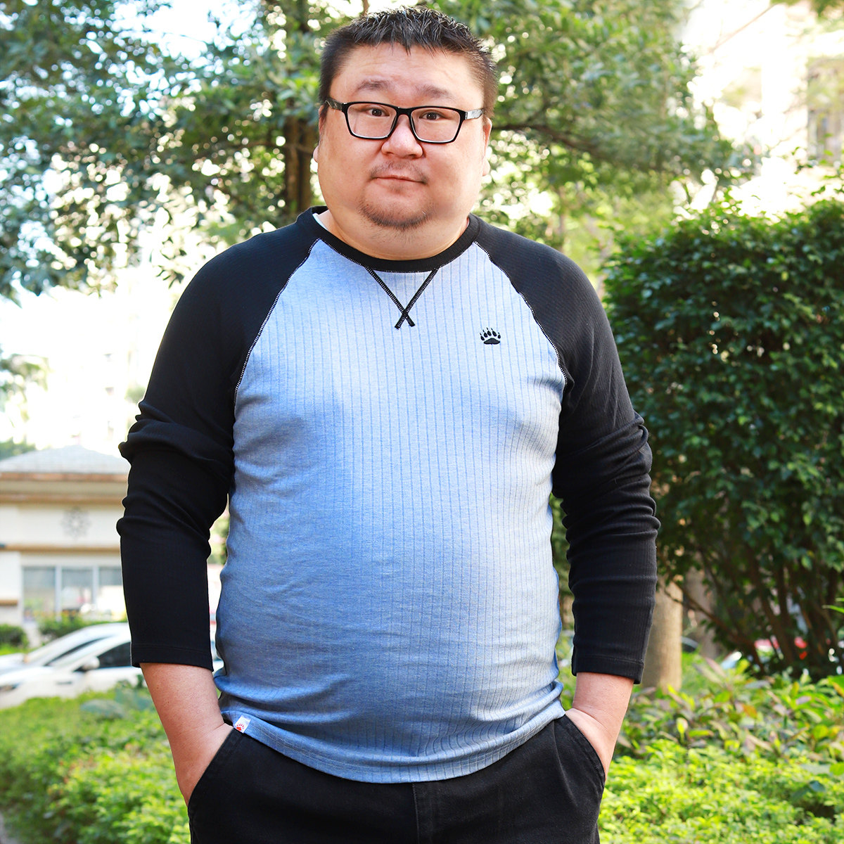 为熊设计纯棉加肥大码胖熊爪刺绣彩色方格条纹休闲短袖衬衫衬衣