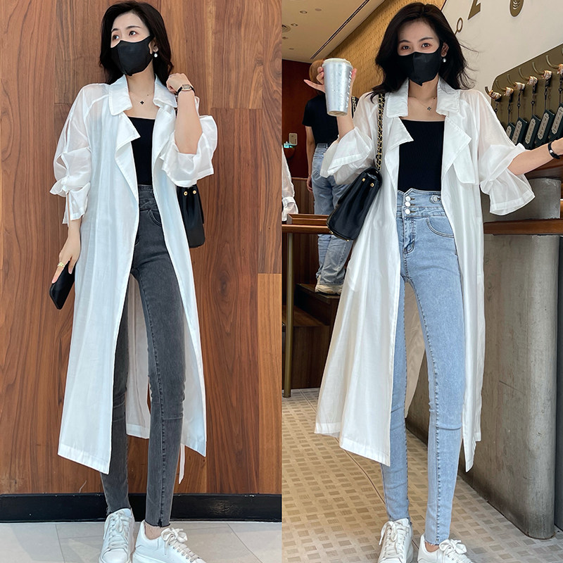 薄款防晒白色风衣外套女2022春季新款时尚休闲中长款垂感过膝大衣