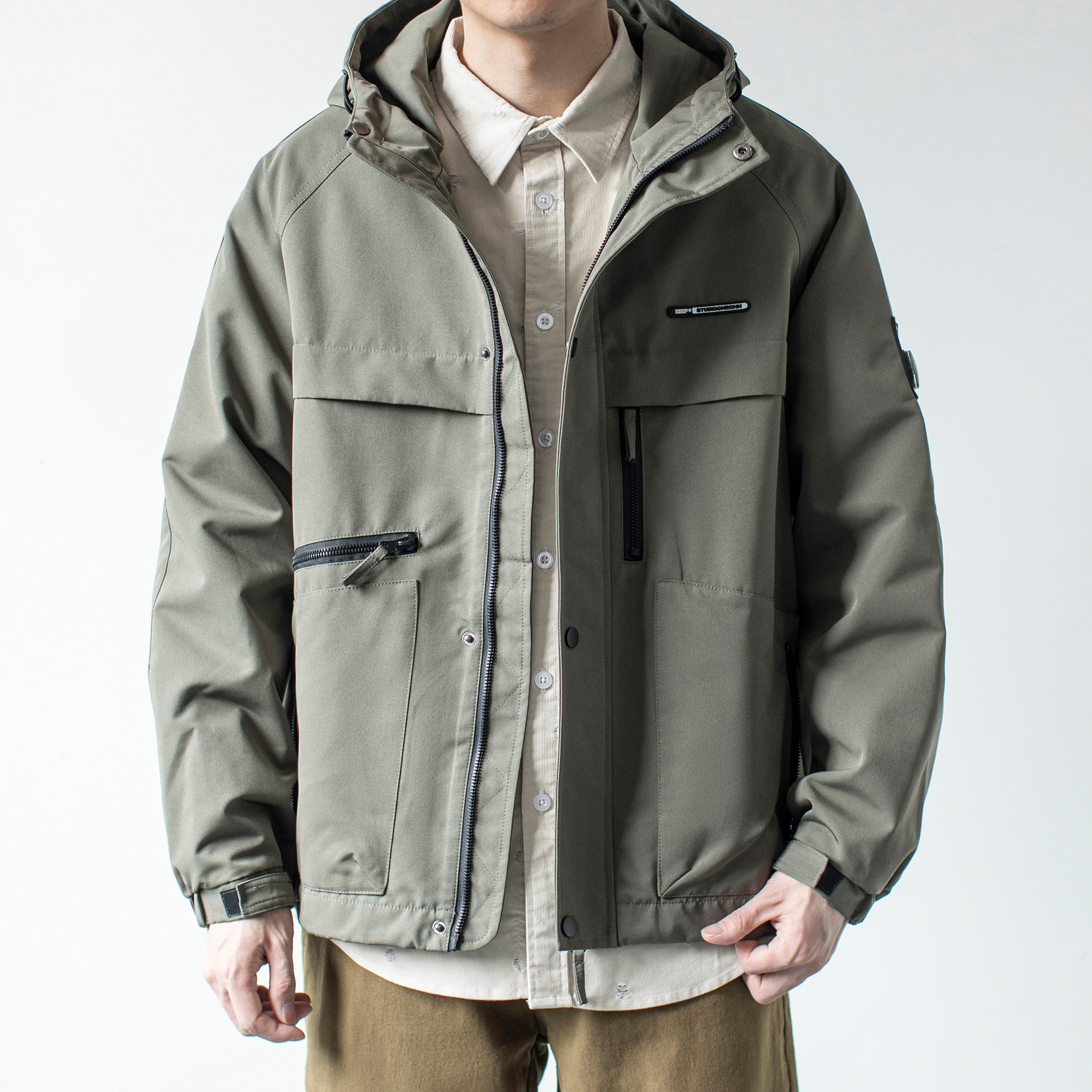 写意秋季新款日系工装多口袋连帽风衣男装休闲男防风冲锋衣外套