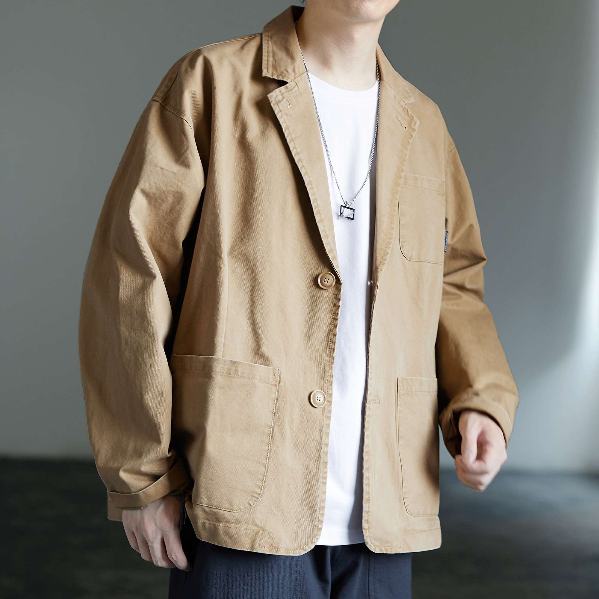 写意秋季新款日系复古男士宽松休闲西装硬挺水洗做旧西服外套