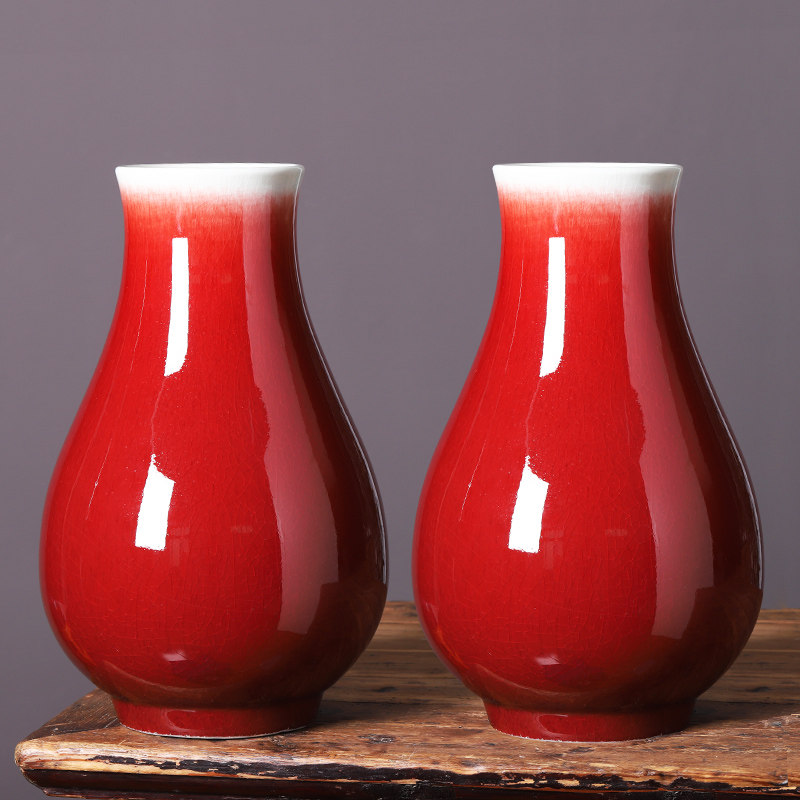景德镇陶瓷器郎红色花瓶大号中式家居装饰客厅插花工艺品摆件饰品