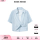 Basic House/百家好天丝条纹短袖衬衫2024夏季宽松女上衣两件套女