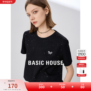 Basic House/百家好圆领短袖T恤2024夏季新款简约风蝴蝶结女上衣
