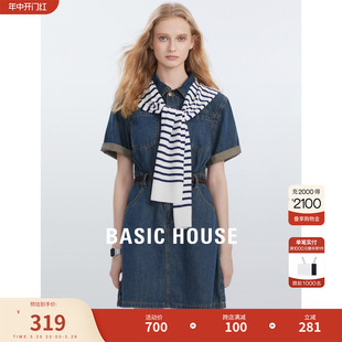 Basic House/百家好复古牛仔连衣裙女夏季新款短袖牛仔裙百搭显瘦