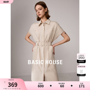 Basic House/百家好无袖收腰工装裙子2024夏季新款衬衫领连衣裙女