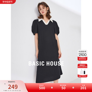 Basic House/百家好宽松撞色连衣裙2024夏季新款短袖休闲polo女裙