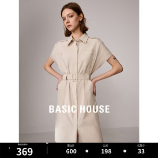 Basic House/百家好无袖收腰工装裙子2024夏季新款衬衫领连衣裙女