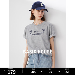Basic House/百家好简约风刺绣蝴蝶结T恤2024夏季新款短袖女上衣