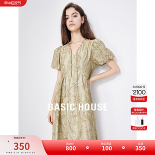 Basic House/百家好气质V领连衣裙2024夏季新款新中式显瘦长裙女