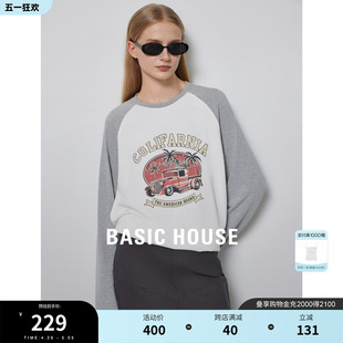 Basic House/百家好春季新款复古拼色印花插肩袖长袖T恤女