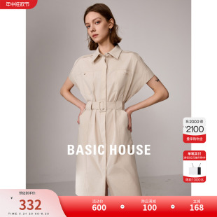 Basic House/百家好无袖收腰工装裙子2024夏季新款衬衫领连衣裙女