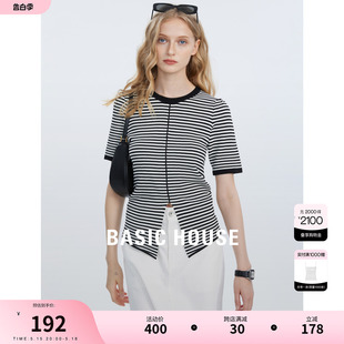 Basic House/百家好黑白条纹短袖t恤女夏季新款圆领不规则打底衫