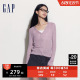 Gap女装2024夏季新款V领条纹肌理纽扣长袖针织衫显瘦上衣537135