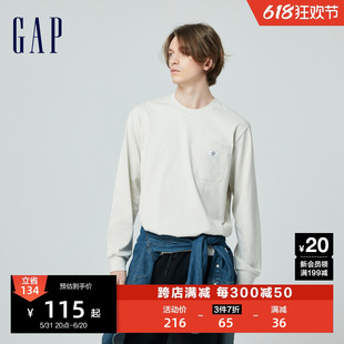 Gap男女装2024春季新款纯棉logo拼接圆领长袖T恤简约上衣876996