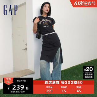 Gap女装2024夏季新款纯棉水洗logo印花短袖连衣裙宽松长裙512543