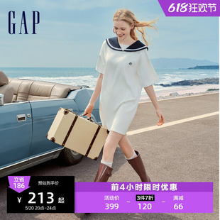 Gap女装2024夏季新款海军翻领logo条纹短袖连衣裙宽松长裙465049