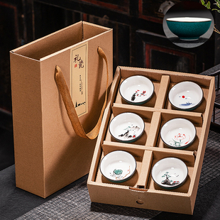手绘茶杯6只套装创意绿色功夫茶具品茗杯单杯子复古小茶碗礼盒装