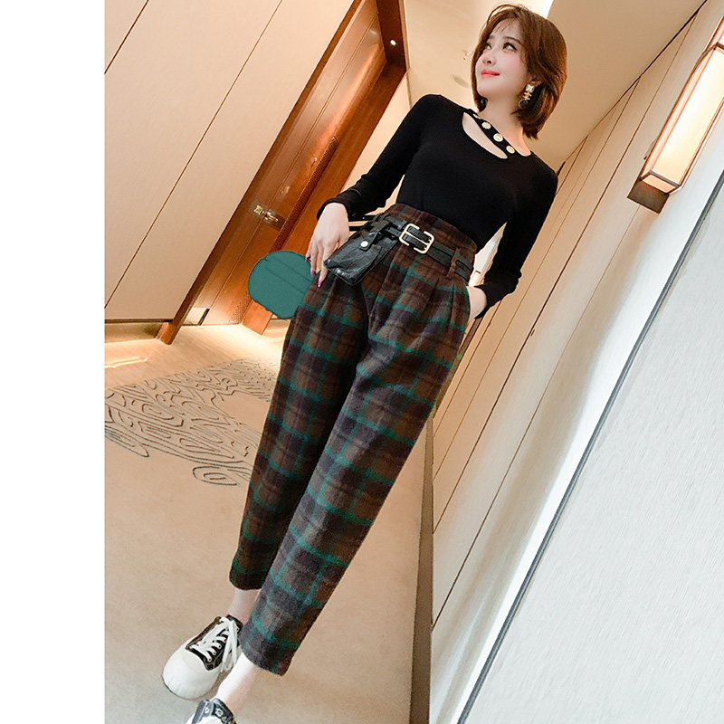 miuco纯欲风修身显瘦打底衫格子休闲裤配腰包套装女2022早春新款