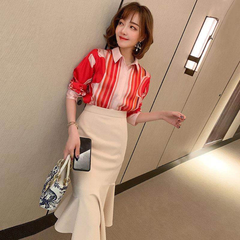 miuco蝴蝶结系带爱心印花衬衫 不规则鱼尾裙套装女装2020春季新款