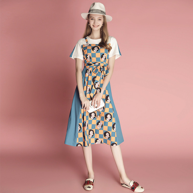 miucot恤假两件背带格子娃娃印花收腰大摆连衣裙k