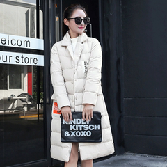 2016冬韩版米白色西装领羽绒服女中长款过膝新款修身显瘦休闲外套