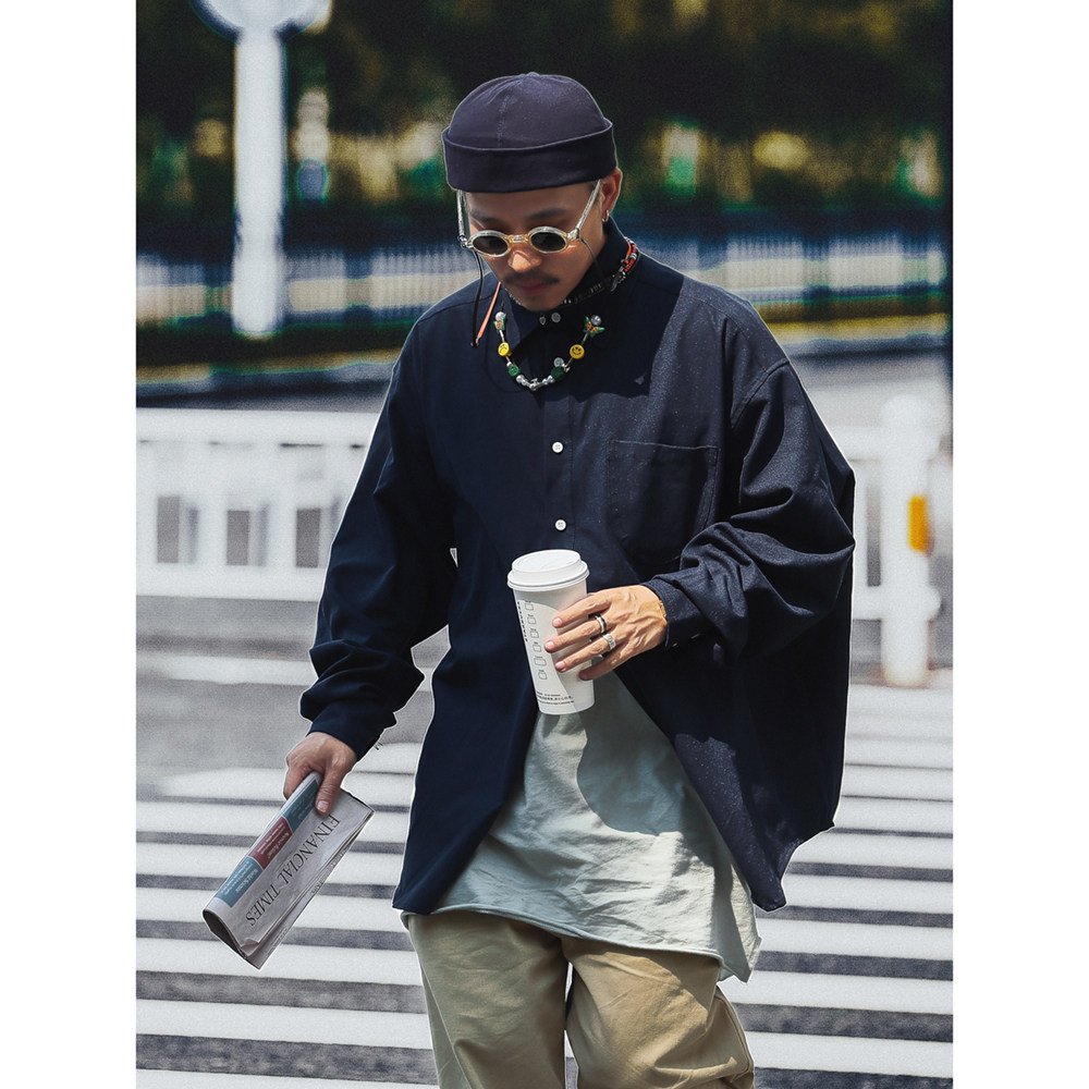 ollieo日系复古工装衬衫男休闲长袖衬衣宽松圆下摆廓形外套上衣潮