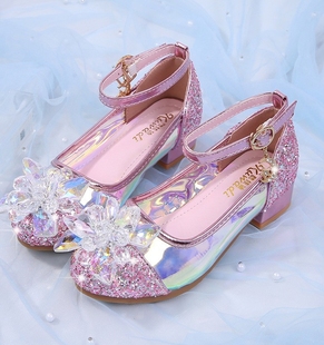 女童公主鞋高跟钢琴演出皮鞋新款软底单鞋粉色小女孩灰姑娘水晶鞋