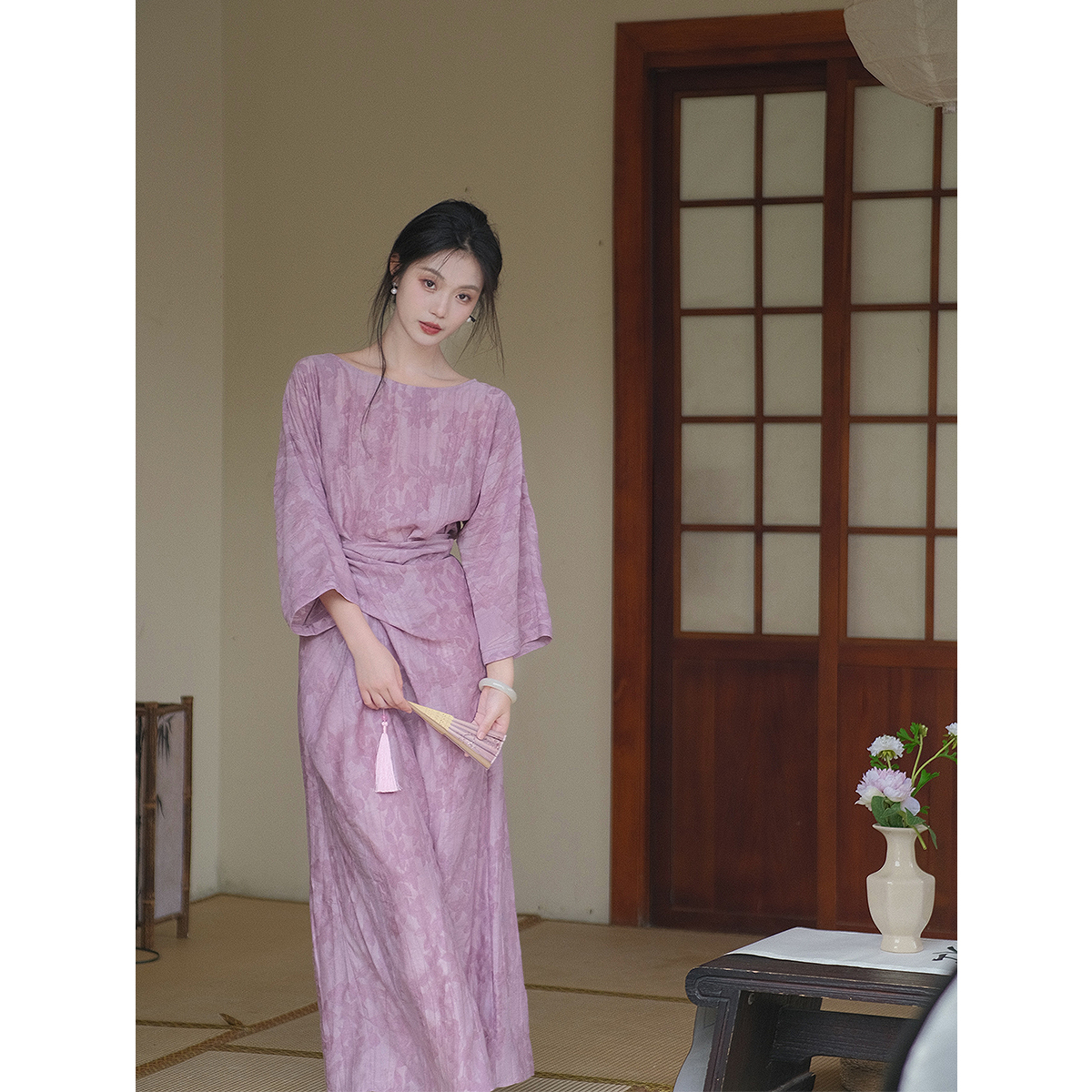 【梦生烟】国风新中式天丝炒色紫色提花气质连衣裙