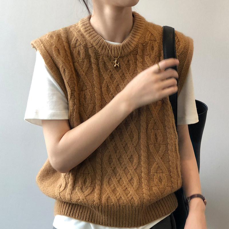 针织马甲女春秋日系圆领学院风法式复古叠穿毛线坎肩外搭毛衣背心