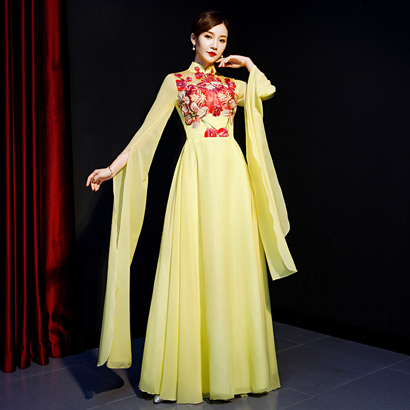 晚礼服女2019新款成人晚会大合唱演出服长款主持人晚会长袖礼服夏