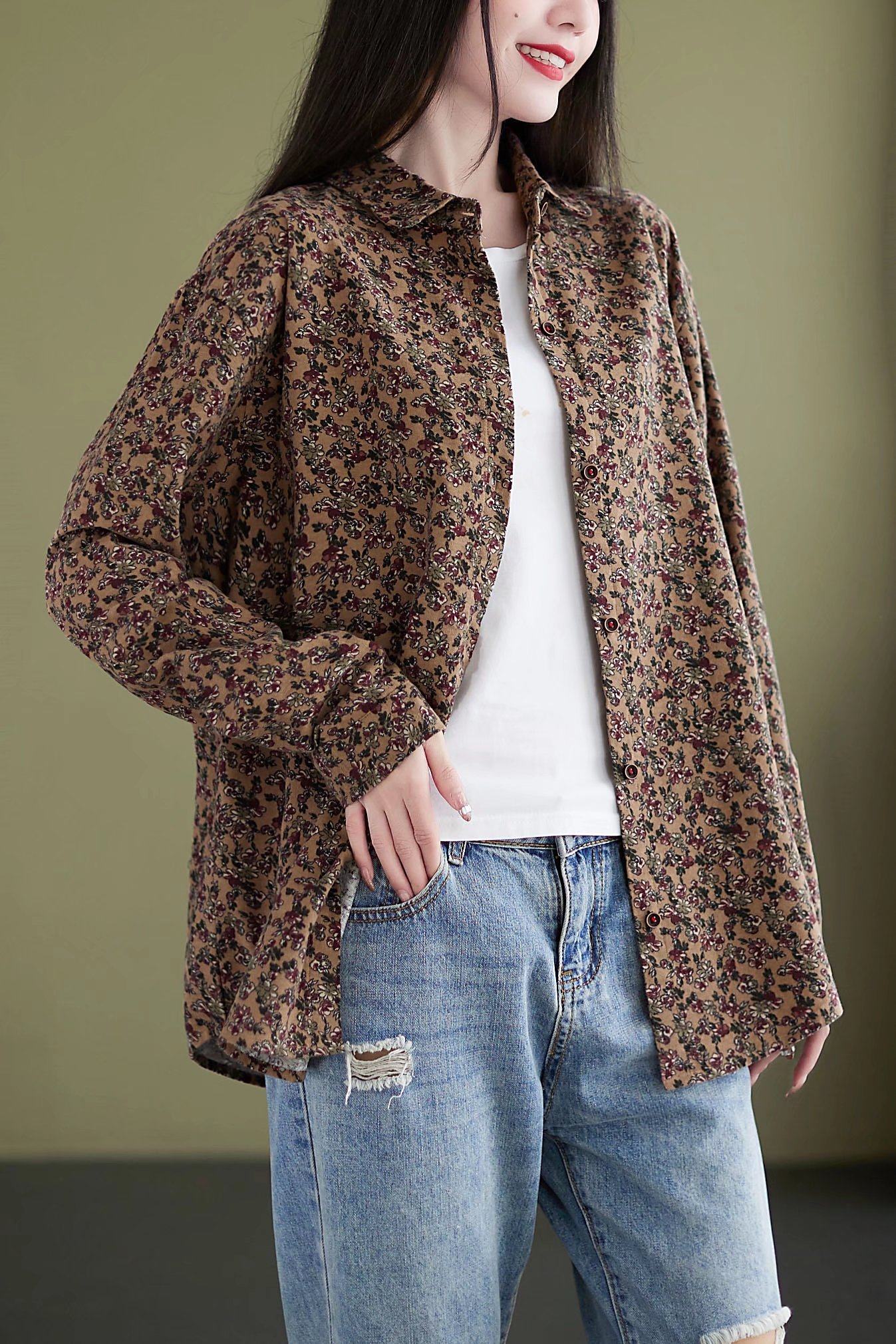 棉麻小镇秋季新款日系森女纯棉小碎花衬衫女长袖宽松文艺复古衬衣