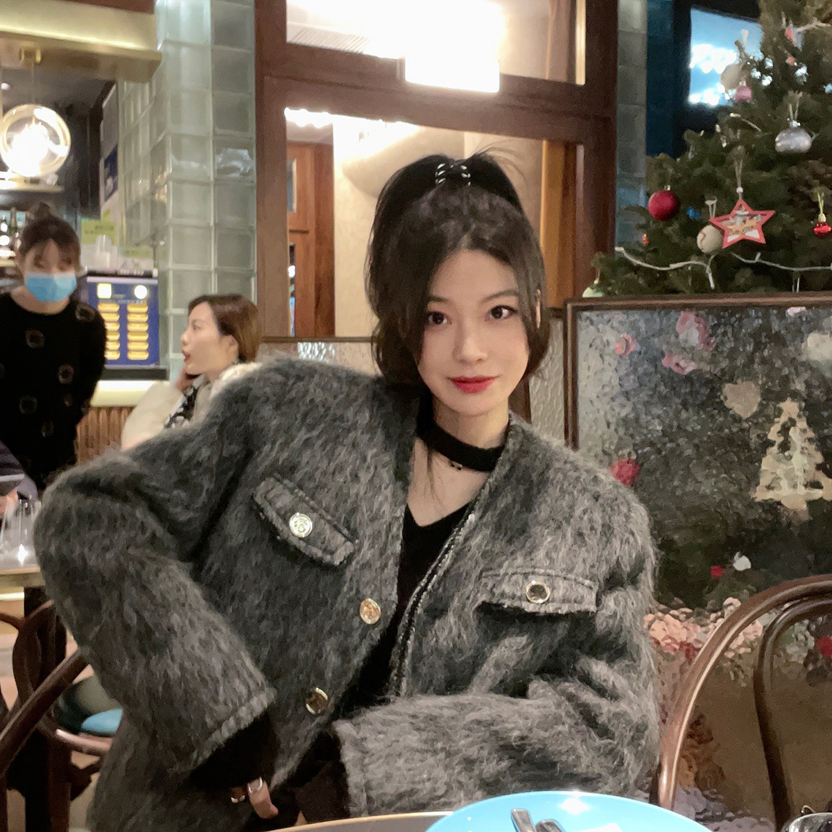 晶爷冬日暖绵绵名媛风小香外套女秋冬短款宽松加厚高端高级感灰色