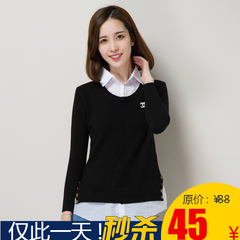 2016春秋新款韩版衬衣领假两件套针织套头毛衣 女装针织衫打底衫