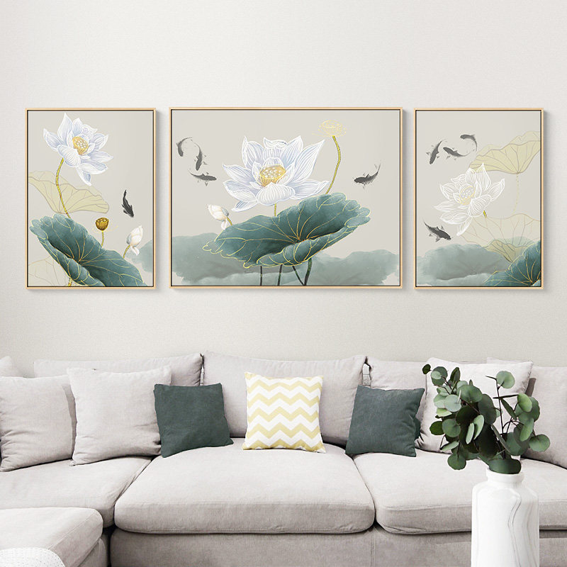 荷花客厅挂画现代新中式沙发后面三联画套装聚财淡雅九鱼图装饰画