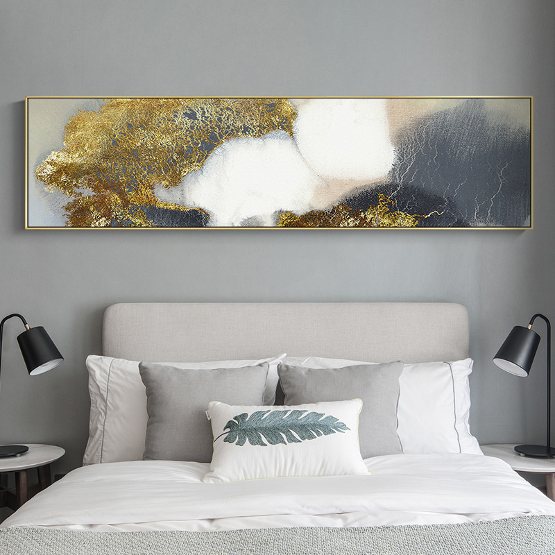 现代简约床头装饰画横版黑白主人房间墙壁画轻奢金色沙发背景挂画