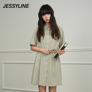 jessyline2024夏季专柜新款 杰茜莱绿色短袖衬衫连衣裙 423111133