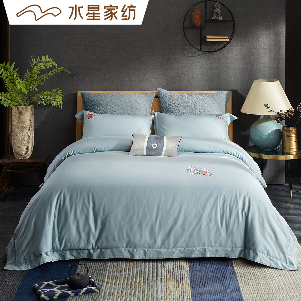 水星家纺 长绒棉四件套全棉刺绣床上用品套件 朝凤来仪秋冬新品-mc母