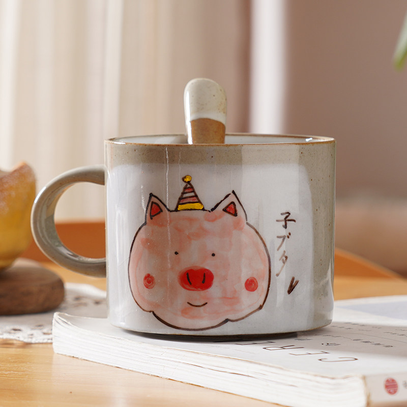 燚坊手工日式粗陶可爱陶瓷马克杯创意小花草莓咖啡杯送勺喝水杯燚坊