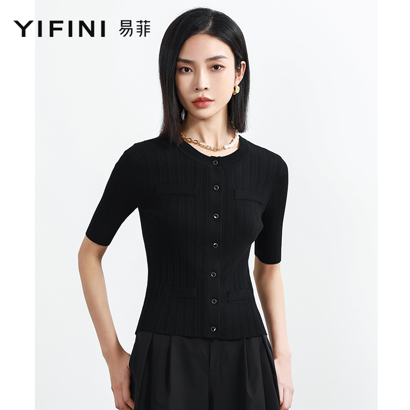 Yifini/易菲黑色修身圆领短袖针织衫女夏装新款薄款开衫外套