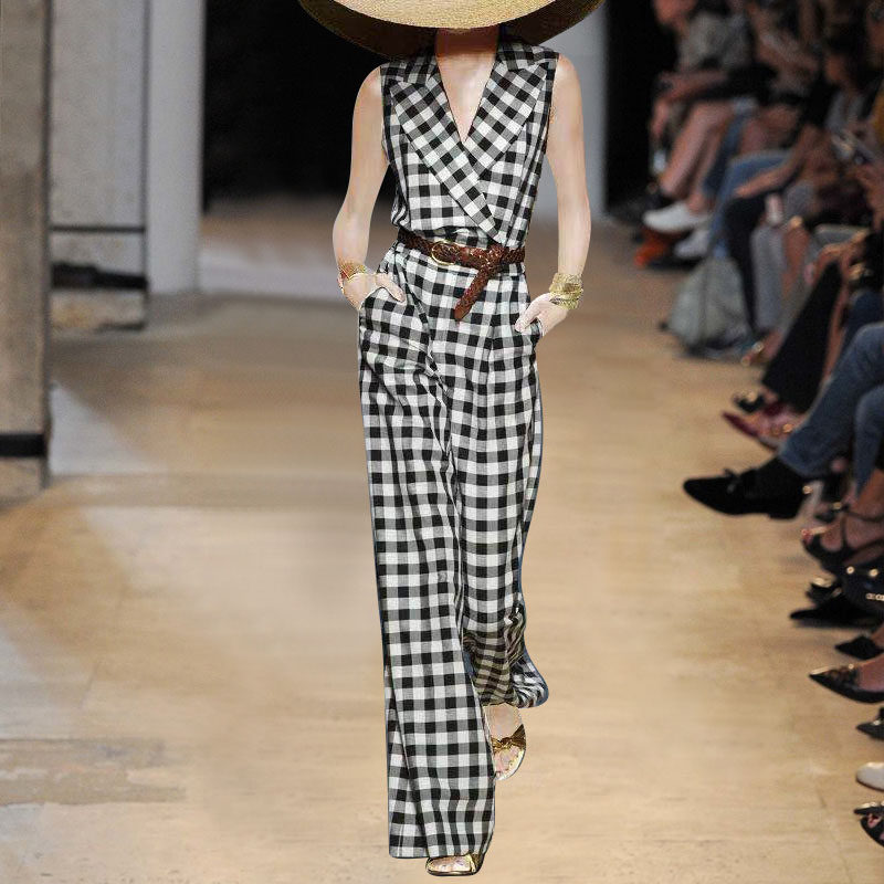 欧洲站21夏装新品走秀款时尚西装翻领修身显瘦格纹百搭长裤连体裤