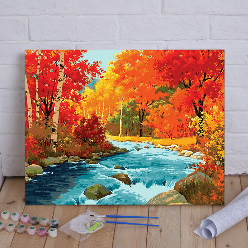 diy数字油画客厅风景花卉动漫人物定制手绘填色装饰画 红枫山谷